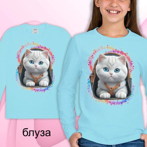 Блуза тънка с Коте в светлосиньо
