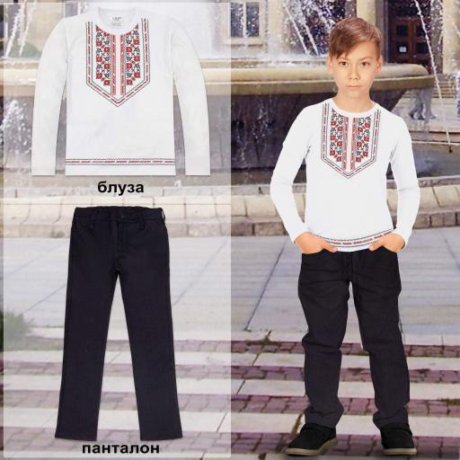 Комплект панталон и блуза с фолклорни мотиви в бяло-2