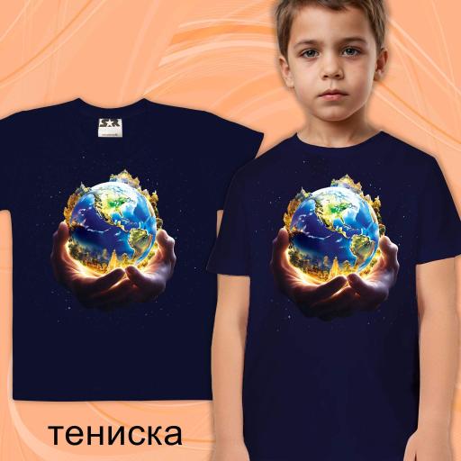 Тениска с планетата Земя в тъмносиньо