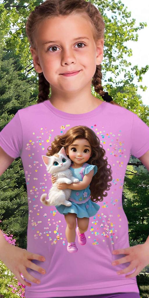 Тениска Момиче с коте в виолетово