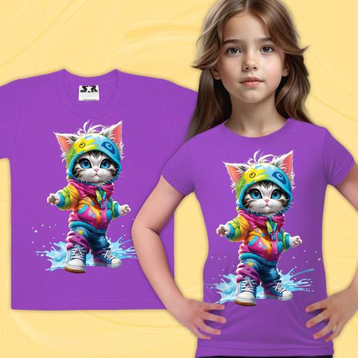 Тениска с Цветно коте във виолетово