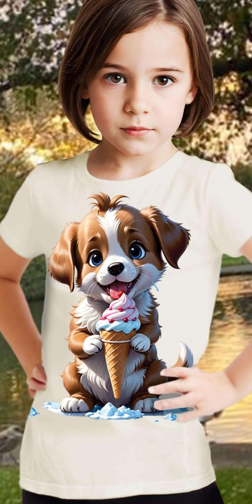 Тениска Куче със сладолед в екрю