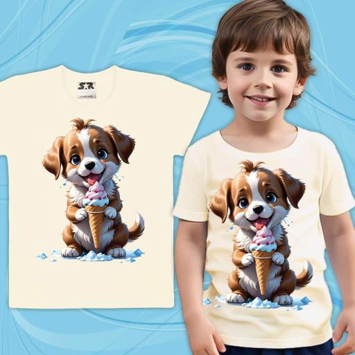 Тениска Куче със сладолед в екрю