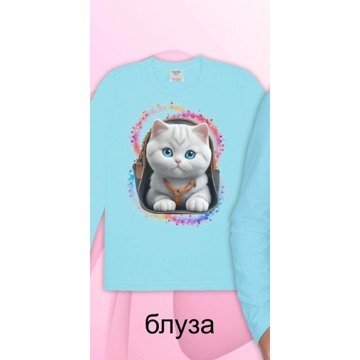 Блуза тънка с Коте в светлосиньо