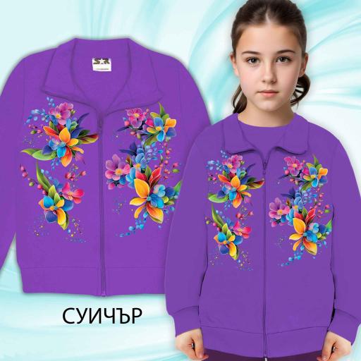 Суичър плътен с цветя в виолетово