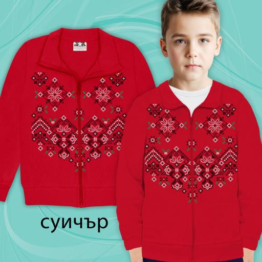 Суичър плътен с фолклорни мотиви в червено