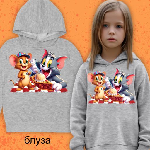 Блуза с качулка Том и Джери в сиво