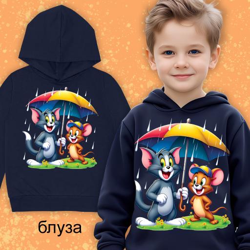 Блуза с качулка Том и Джери тъмносиньо