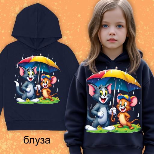 Блуза с качулка Том и Джери тъмносиньо