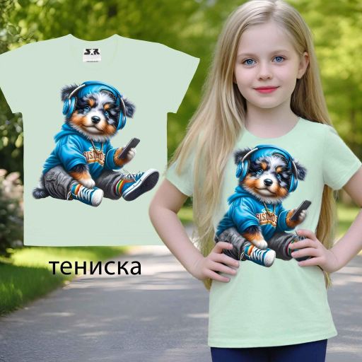 Тениска Куче със слушалки в бледозелено