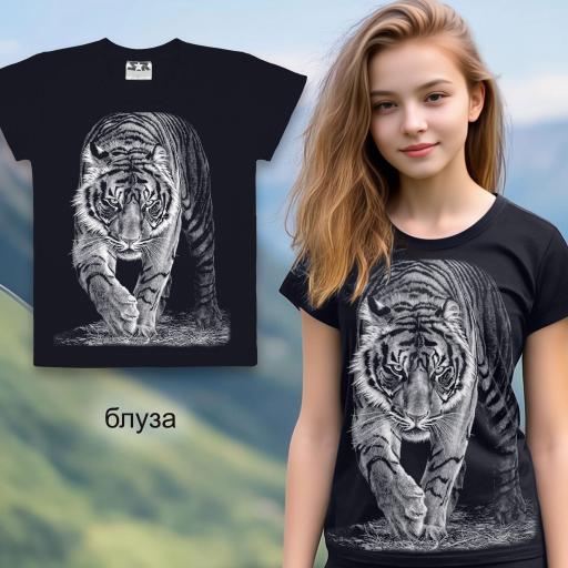 Блуза с къс ръкав тигър в черно