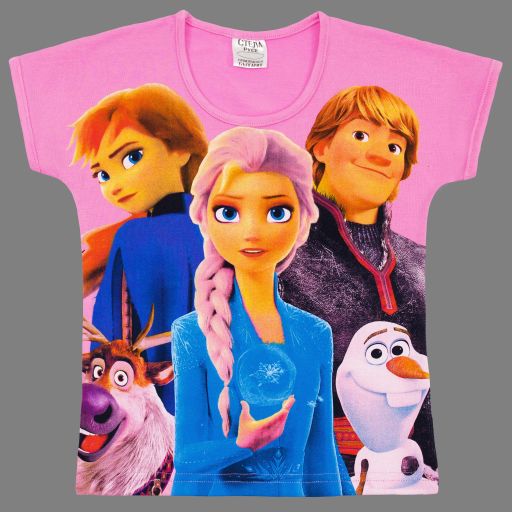 Розова детска тениска с Ана Елза Кристоф Олаф и Свен от Frozen