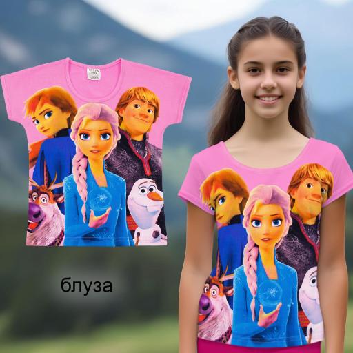 Тениска Frozen с героите от Замръзналото кралство върху розов фон