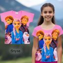 Тениска Frozen с героите от Замръзналото кралство върху розов фон