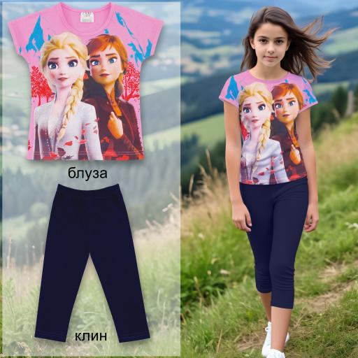 Розова детска тениска с Ана и Елза от Frozen и тъмносин клин