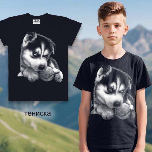 Черна тениска с хъски сини очи и топка подходяща за момиче или момче