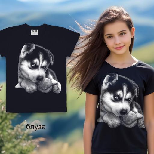 Черна тениска с хъски сини очи и топка подходяща за момиче или момче