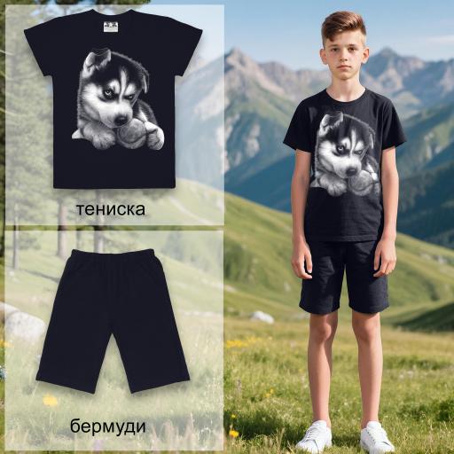 Комплект черна тениска с хъски и черни бермуди за момиче или момче