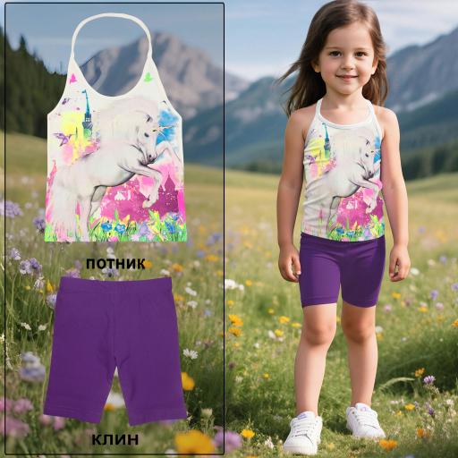 Потниче в екрю с принт на еднорог с цветна грива и звезди