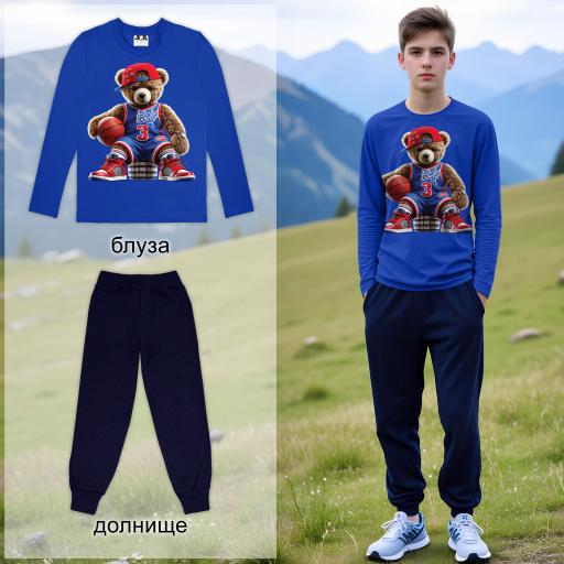 Детски спортен комплект в индиго с мечок баскетболист