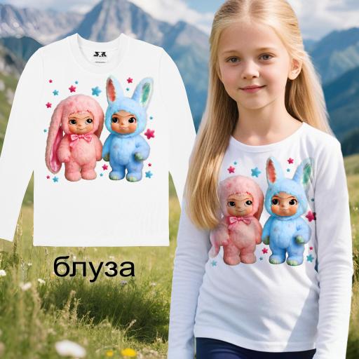 Бяла детска блуза с пухкави розова и синя кукла