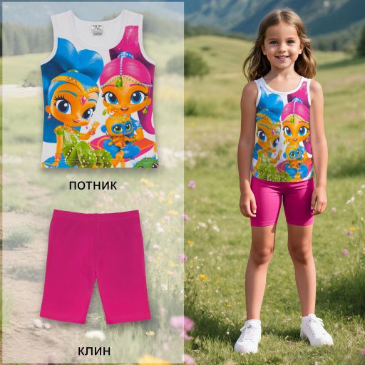 Детски комплект с бял потник и циклама клин с Искрица и Сияйница