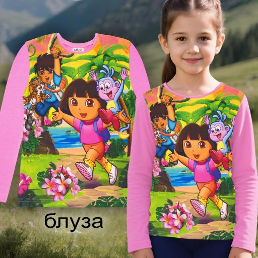 Розова детска блуза с Дора и Ботичко – дълъг ръкав