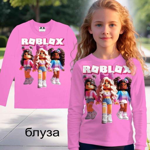 Розова блуза с дълъг ръкав и ярък принт Roblox за момичета.
