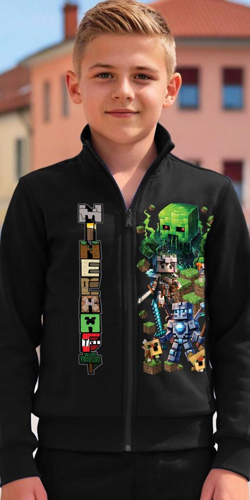 Черна горна дреха с цип и Minecraft дизайн за геймъри“