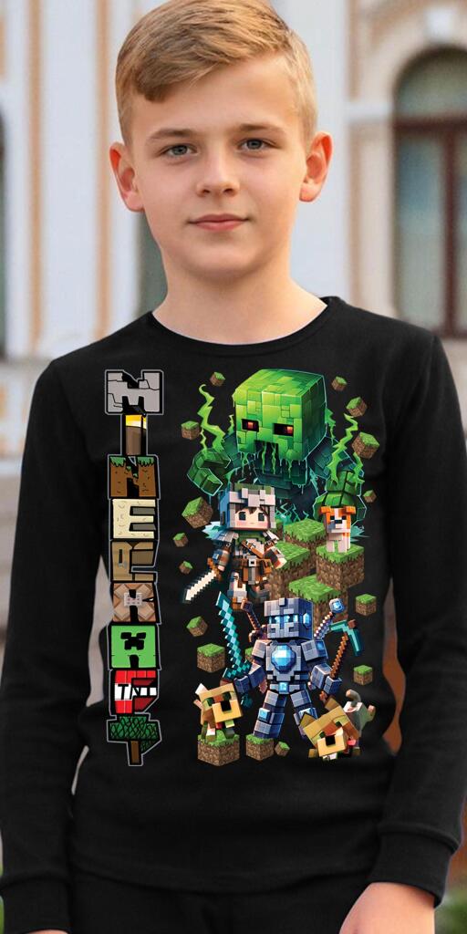 „Черна блуза с цветен Minecraft дизайн за деца“
