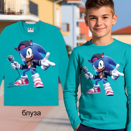 „Детска блуза туркоаз с принт Sonic с микрофон“