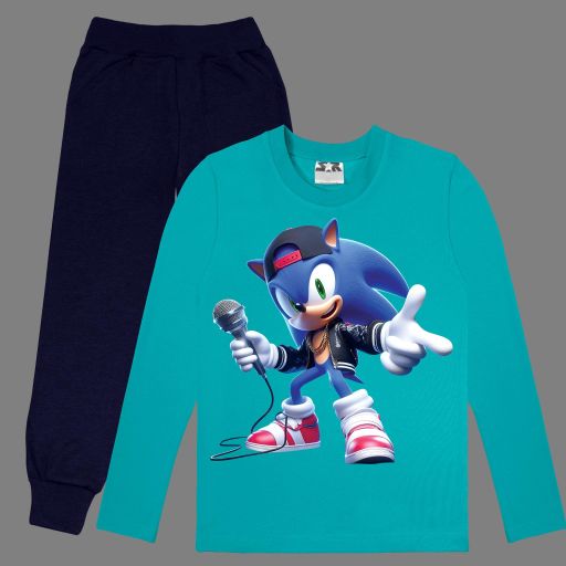 „Туркоазена блуза Sonic с микрофон и тъмен панталон“