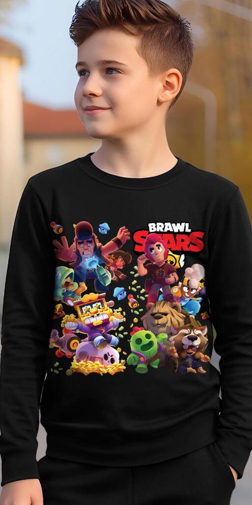 „Черна блуза с цветен Brawl Stars дизайн за фенове“
