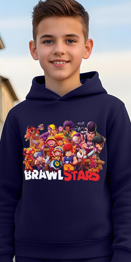 „Тъмносин детски суичър с Brawl Stars герои отпред“