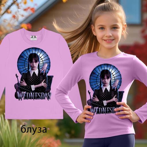 Детска блуза Wednesday в лилаво с DTF печат – мека, удобна и стилна.