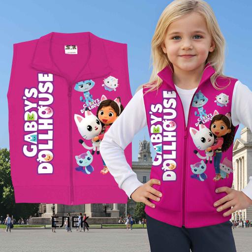 Детски елек Gabby’s Dollhouse в циклама с DTF печат на героите.