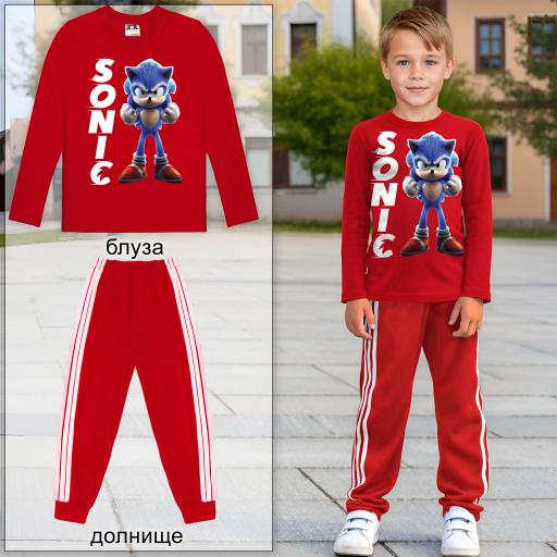 Детски комплект мастиленосиня блуза, суичър Супер Соник и долнище с три бели канта