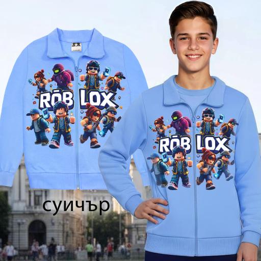 Светлосин детски суичър Roblox с герои и надпис