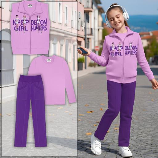 Лилав детски елек с K-POP дизайн, блуза и тъмно долнище.