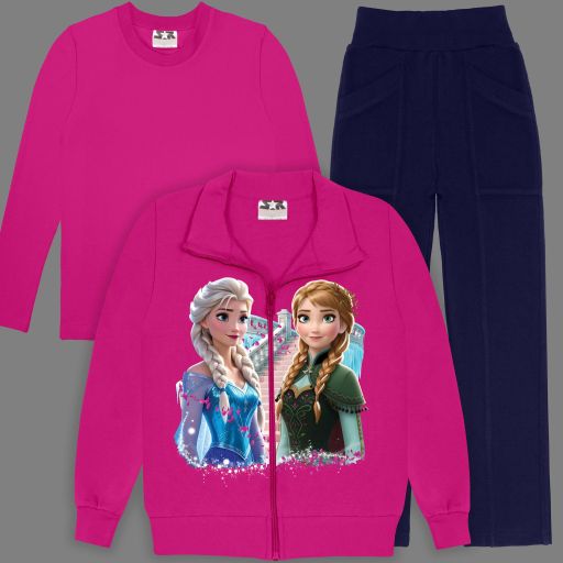 Детски комплект в циклама с героини от Frozen и тъмни панталони.