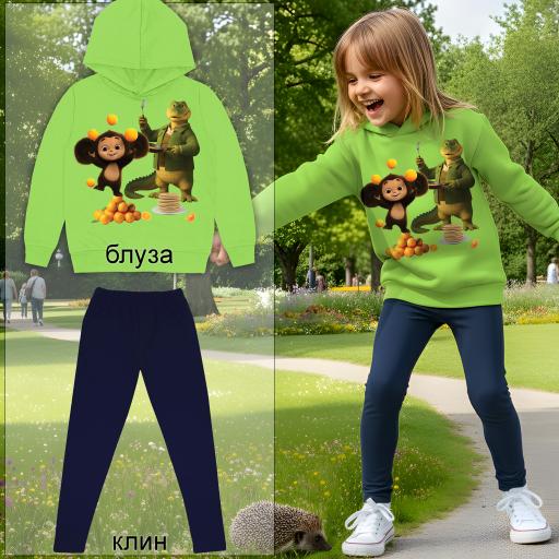 Детски суичър в резеда с Чебурашка и Крокодила Генадий.