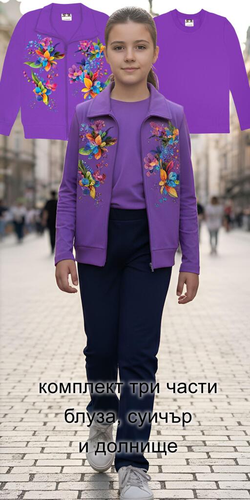 Комплект плътен 3 части (с/б/д) цветя в виолетово