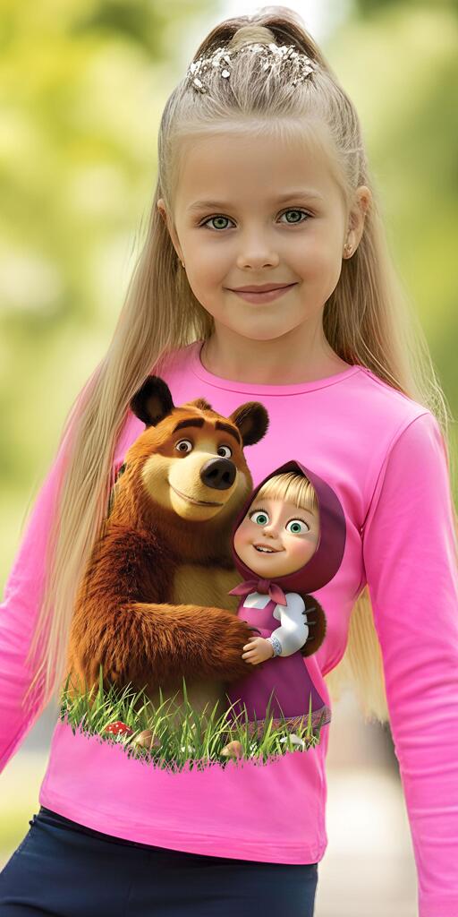 „Розова детска блуза с принт Маша и Мечока в прегръдка“