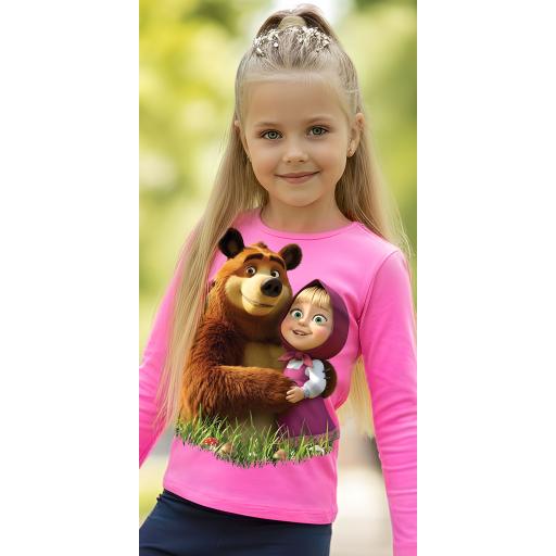 „Розова детска блуза с принт Маша и Мечока в прегръдка“