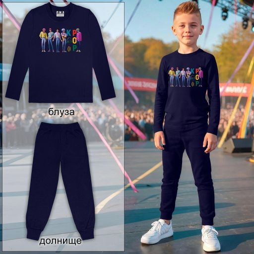 Детски комплект K-POP с блуза и тъмно долнище