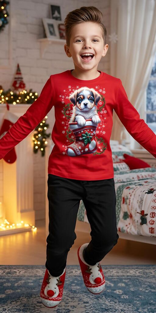 Комплект тънък 2 части (б/д) Куче в коледен чорап червено