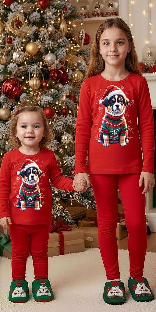 Комплект тънък 2 части (б/к) Коледно куче в червено