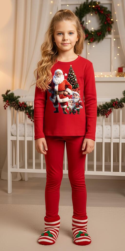 Комплект тънък 2 части (б/к) Дядо Коледа с джуджета в червено