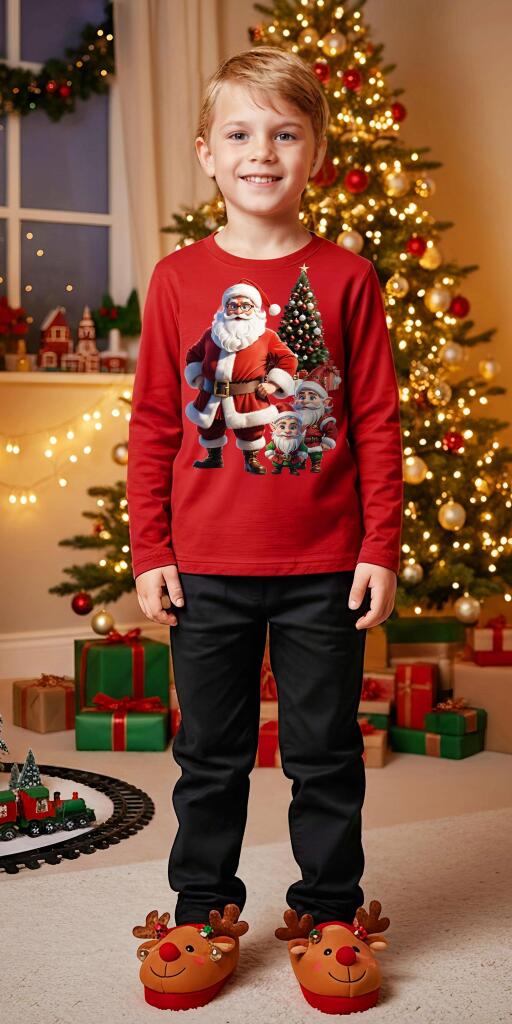 Комплект тънък 2 части (б/д) Дядо Коледа с джуджета в червено