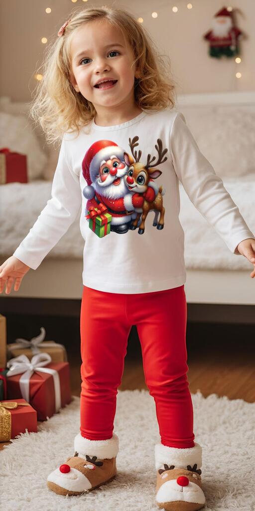 Комплект тънък 2 части (б/к) Дядо Коледа с еленче в бяло